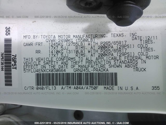 5TFLU4ENXCX030664 - 2012 TOYOTA TACOMA DOUBLE CAB თეთრი ფოტო 9