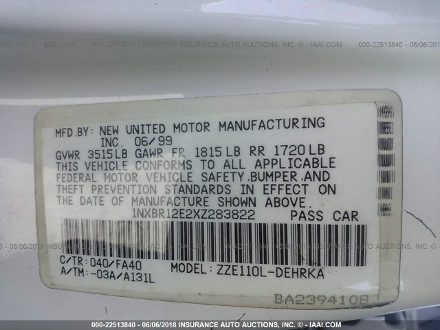 1NXBR12E2XZ283822 - 1999 TOYOTA COROLLA VE/CE/LE 白色 照片 9