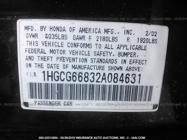 1HGCG66832A084631 - 2002 HONDA ACCORD EX/SE BLACK photo 9