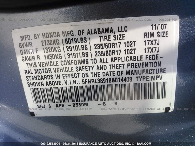 5FNRL38918B014408 - 2008 HONDA ODYSSEY TOURING BLUE photo 9