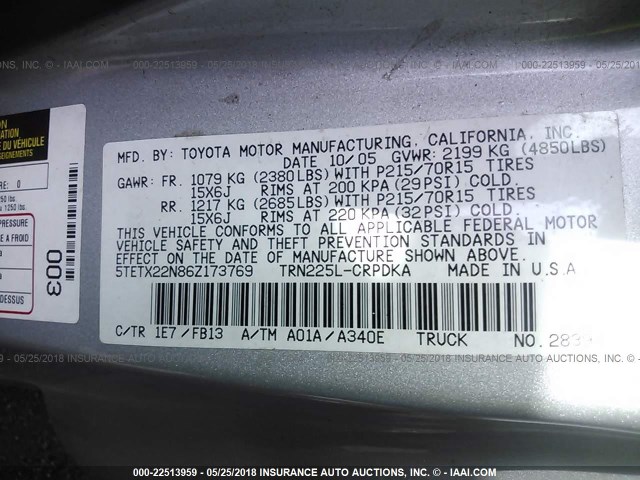 5TETX22N86Z173769 - 2006 TOYOTA TACOMA ACCESS CAB Күміс фото 9