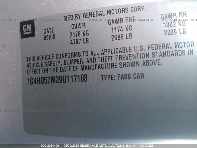 1G4HD57M29U117108 - 2009 BUICK LUCERNE CXL SILVER photo 9