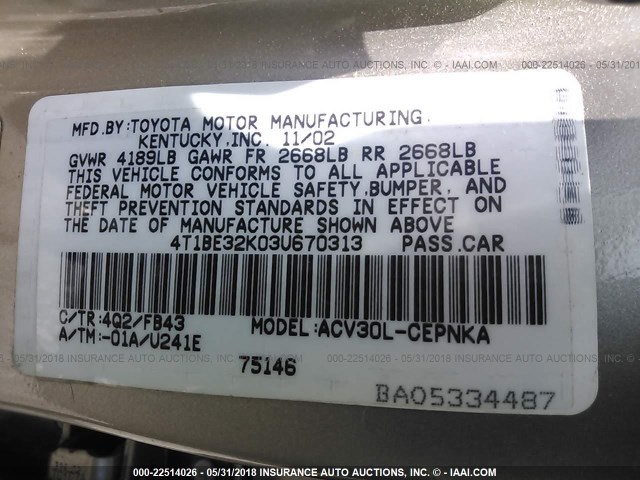 4T1BE32K03U670313 - 2003 TOYOTA CAMRY LE/XLE/SE ოქროსფერი ფოტო 9