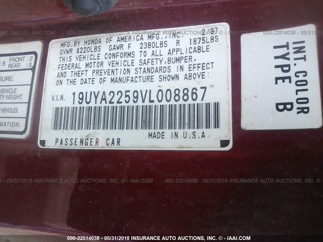 19UYA2259VL008867 - 1997 ACURA 3.0CL 红色 照片 9
