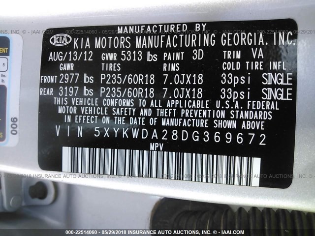 5XYKWDA28DG369672 - 2013 KIA SORENTO SX SILVER photo 9