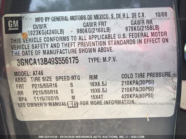 3GNCA13B49S556175 - 2009 CHEVROLET HHR LS ნაცრისფერი ფოტო 9