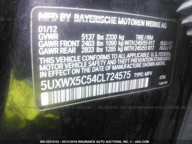 5UXWX5C54CL724575 - 2012 BMW X3 XDRIVE28I BLACK photo 9