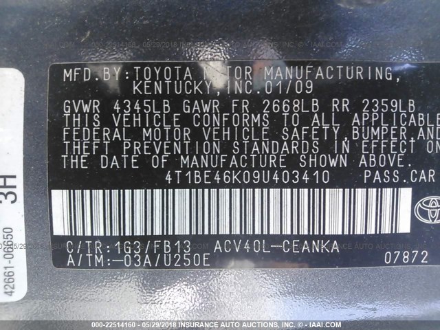 4T1BE46K09U403410 - 2009 TOYOTA CAMRY SE/LE/XLE ნაცრისფერი ფოტო 9