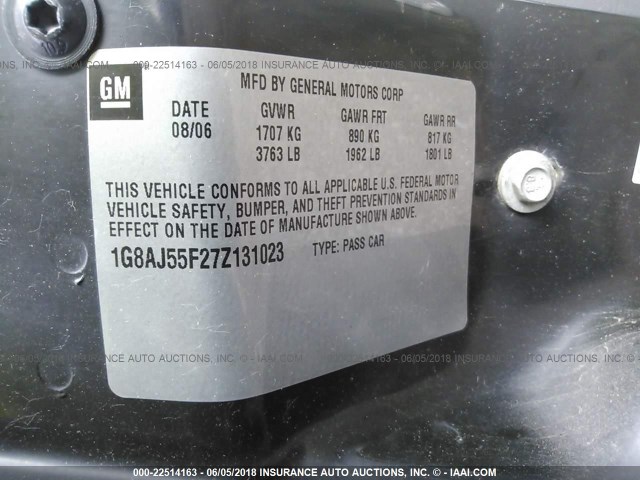 1G8AJ55F27Z131023 - 2007 SATURN ION LEVEL 2 SILVER photo 9