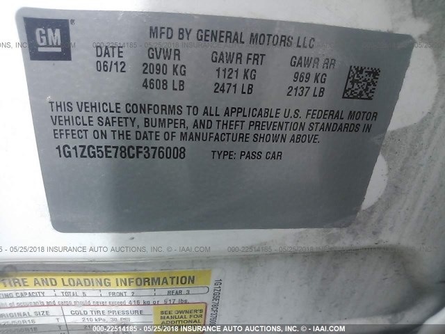 1G1ZG5E78CF376008 - 2012 CHEVROLET MALIBU LTZ 白色 照片 9