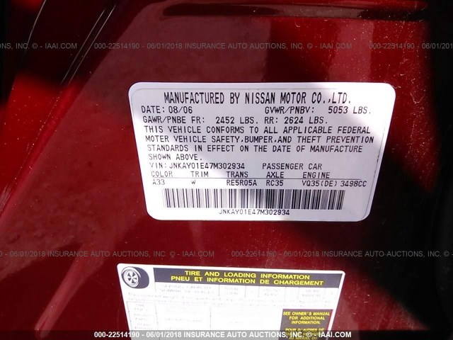 JNKAY01E47M302934 - 2007 INFINITI M35 SPORT RED photo 9