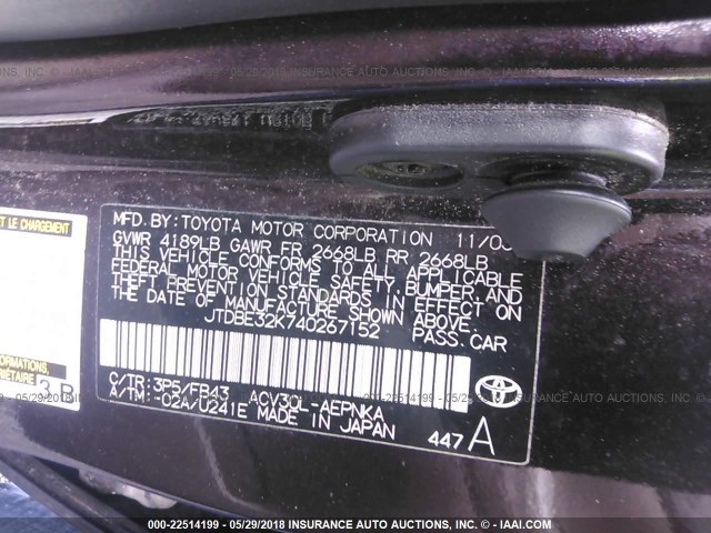 JTDBE32K740267152 - 2004 TOYOTA CAMRY LE/XLE 黑色 照片 9