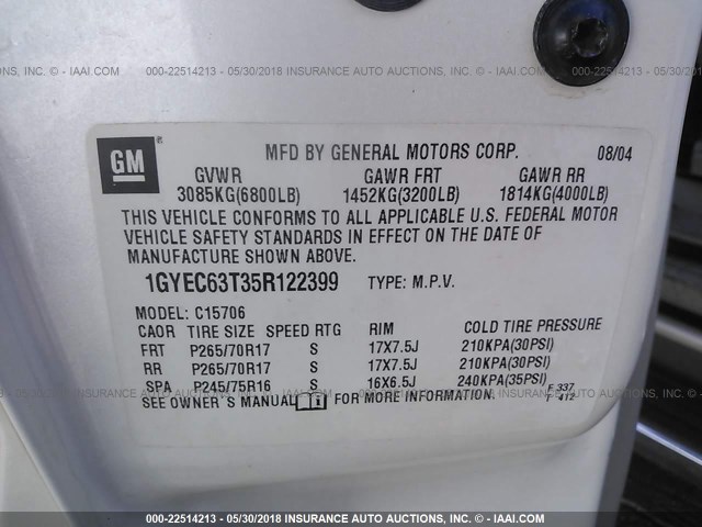 1GYEC63T35R122399 - 2005 CADILLAC ESCALADE LUXURY თეთრი ფოტო 9