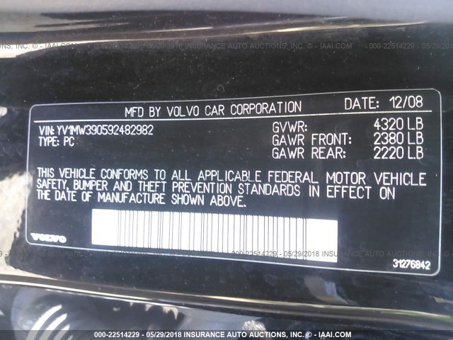 YV1MW390592482982 - 2009 VOLVO V50 2.4I BLACK photo 9