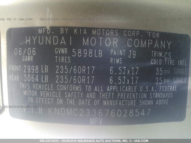 KNDMC233676028547 - 2007 HYUNDAI ENTOURAGE GLS/SE/LIMITED GOLD photo 9