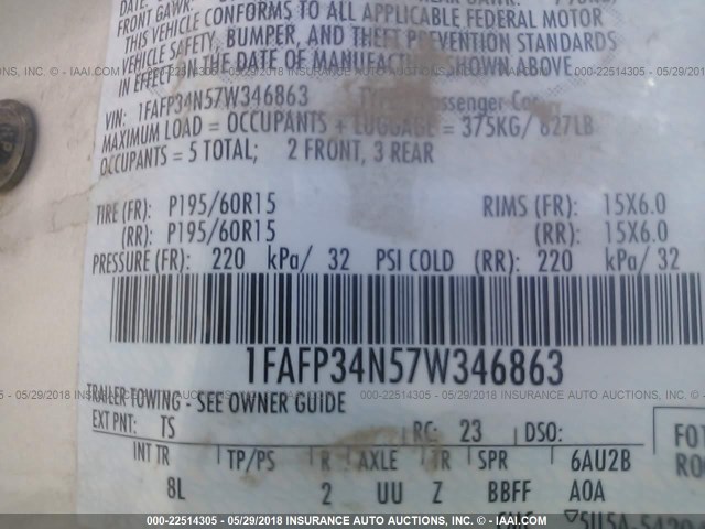 1FAFP34N57W346863 - 2007 FORD FOCUS ZX4/S/SE/SES 银色 照片 9