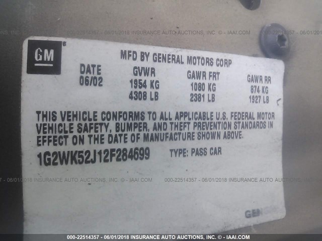 1G2WK52J12F284699 - 2002 PONTIAC GRAND PRIX SE GRAY photo 9