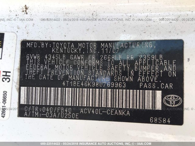 4T1BE46K98U769963 - 2008 TOYOTA CAMRY CE/LE/XLE/SE WHITE photo 9