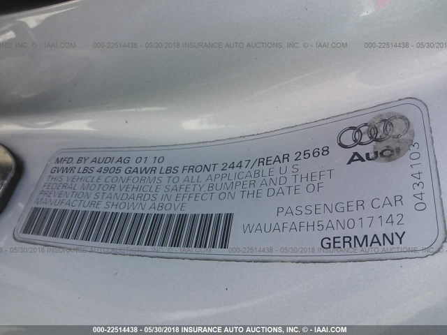 WAUAFAFH5AN017142 - 2010 AUDI A5 PREMIUM SILVER photo 9