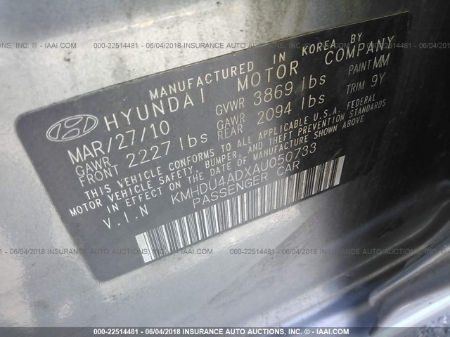 KMHDU4ADXAU050733 - 2010 HYUNDAI ELANTRA BLUE/GLS/SE GRAY photo 9