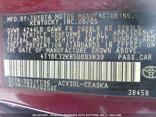 4T1BE32K85U093839 - 2005 TOYOTA CAMRY LE/XLE/SE წითელი ფოტო 9