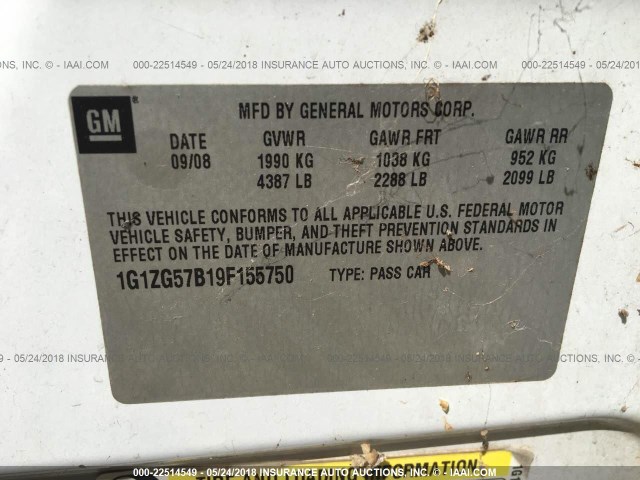 1G1ZG57B19F155750 - 2009 CHEVROLET MALIBU LS WHITE photo 9