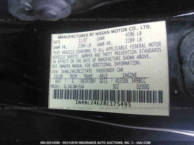 1N4BL24E28C175495 - 2008 NISSAN ALTIMA 3.5SE BLACK photo 9