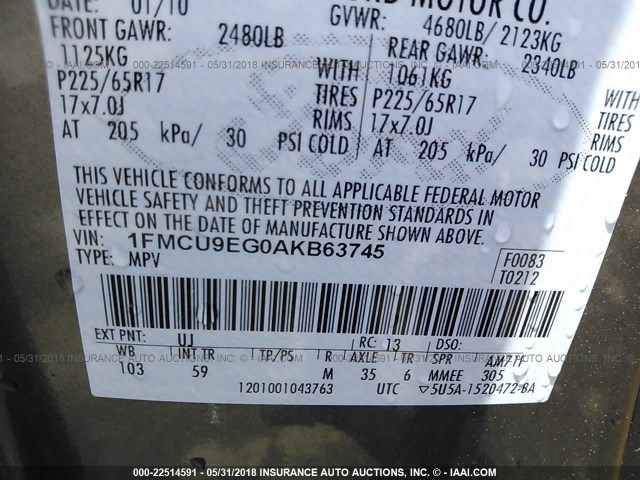 1FMCU9EG0AKB63745 - 2010 FORD ESCAPE LIMITED GRAY photo 9