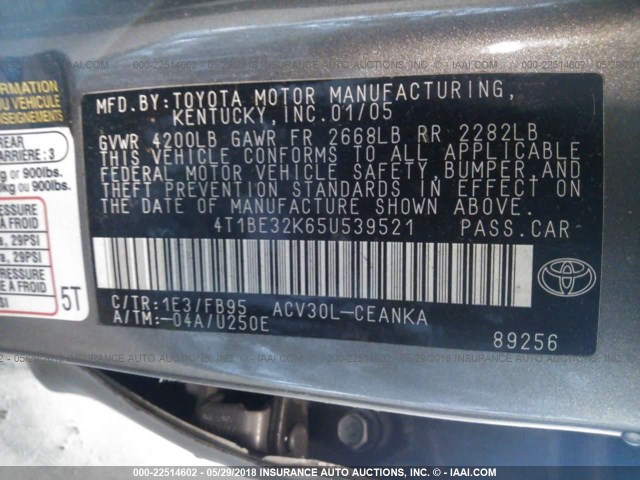 4T1BE32K65U539521 - 2005 TOYOTA CAMRY LE/XLE/SE GRAY photo 9