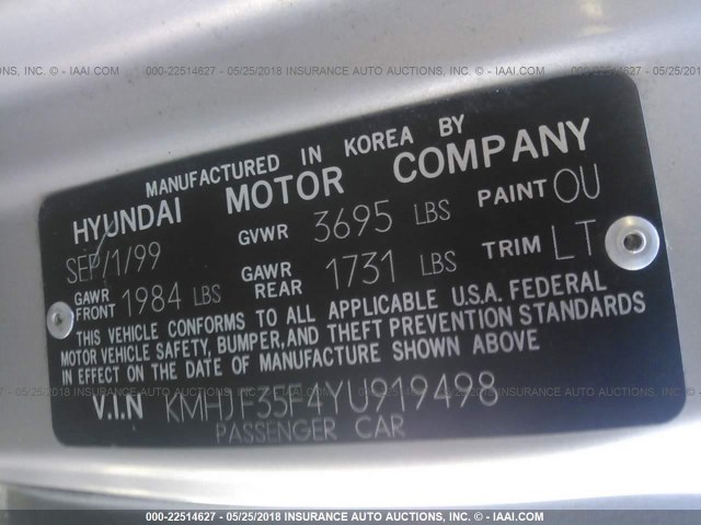 KMHJF35F4YU919498 - 2000 HYUNDAI ELANTRA GLS SILVER photo 9