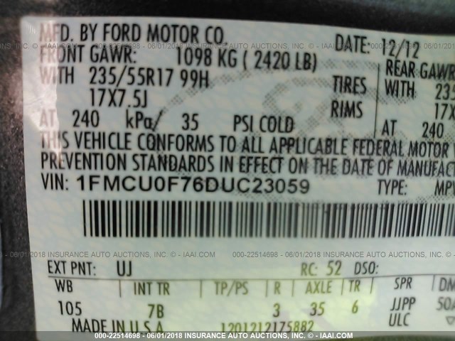 1FMCU0F76DUC23059 - 2013 FORD ESCAPE S GRAY photo 9