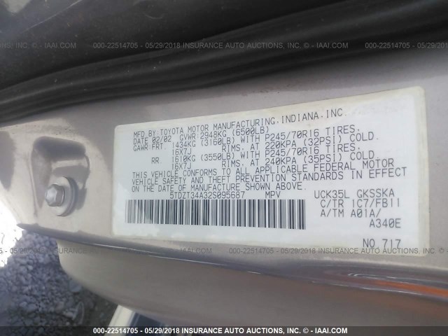 5TDZT34A32S095687 - 2002 TOYOTA SEQUOIA SR5 GRAY photo 9