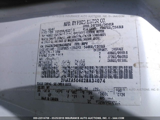 2FMZA50482BA34074 - 2002 FORD WINDSTAR LX WHITE photo 9