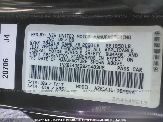 1NXBE40E99Z048305 - 2009 TOYOTA COROLLA XRS GRAY photo 9