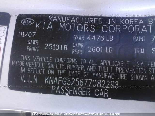 KNAFG525677082293 - 2007 KIA RONDO LX/EX SILVER photo 9