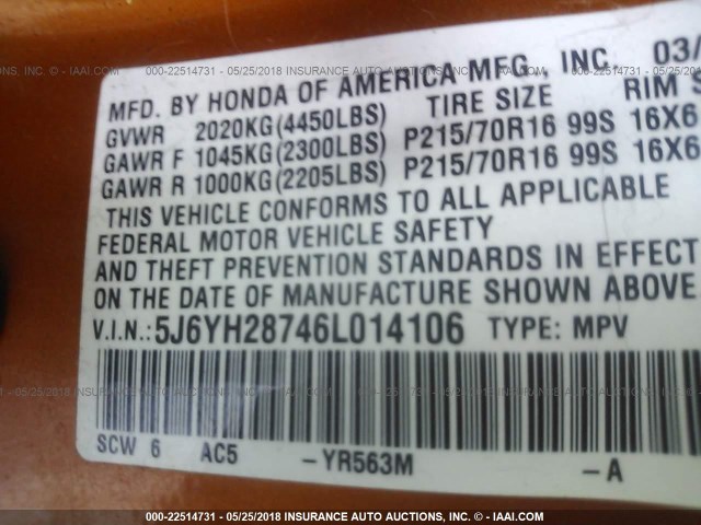 5J6YH28746L014106 - 2006 HONDA ELEMENT EX ORANGE photo 9