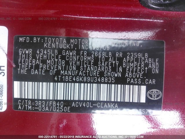 4T1BE46K89U348835 - 2009 TOYOTA CAMRY SE/LE/XLE RED photo 9
