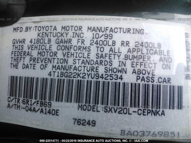 4T1BG22K2YU942534 - 2000 TOYOTA CAMRY CE/LE/XLE მწვანე ფოტო 9