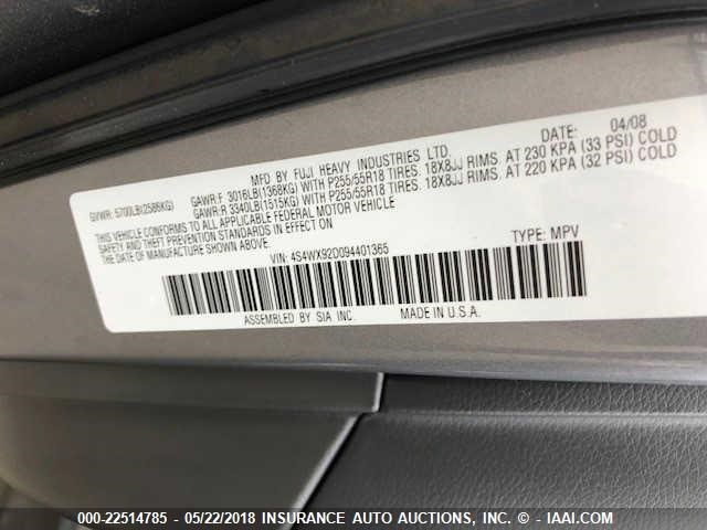 4S4WX92D094401365 - 2009 SUBARU TRIBECA LIMITED GRAY photo 9