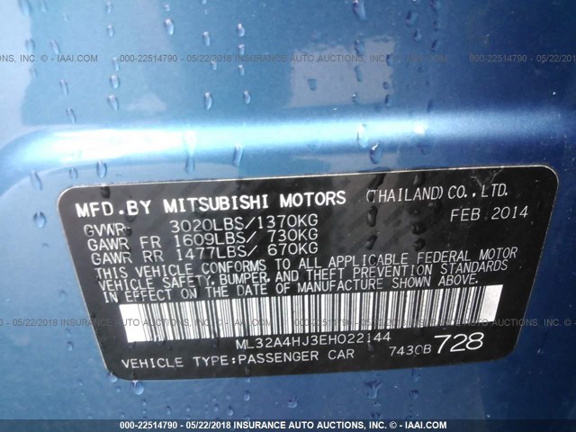 ML32A4HJ3EH022144 - 2014 MITSUBISHI MIRAGE ES BLUE photo 9