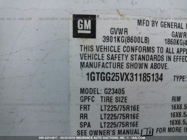 1GTGG25VX31185134 - 2003 GMC SAVANA G2500 WHITE photo 9