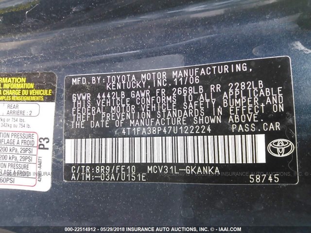 4T1FA38P47U122224 - 2007 TOYOTA CAMRY SOLARA SE/SLE Navy photo 9