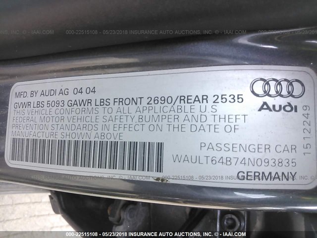 WAULT64B74N093835 - 2004 AUDI A6 3.0 QUATTRO BLACK photo 9