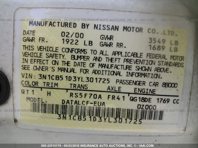 3N1CB51D3YL301725 - 2000 NISSAN SENTRA XE/GXE WHITE photo 9