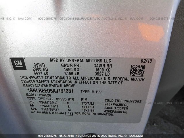 1GNLREED5AJ191381 - 2010 CHEVROLET TRAVERSE LS SILVER photo 9