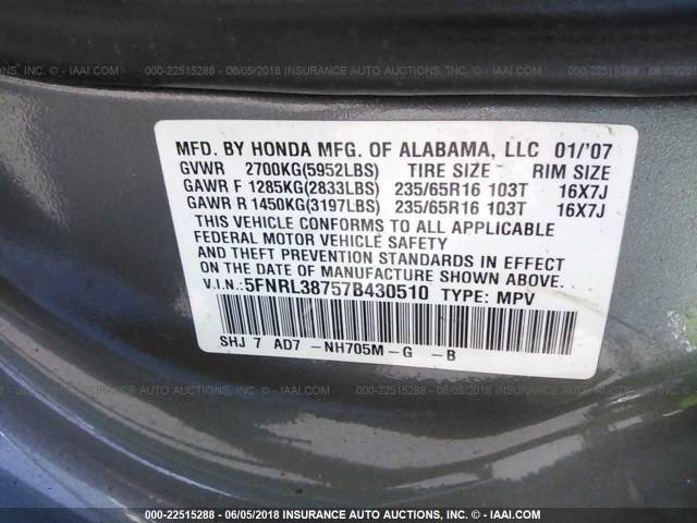 5FNRL38757B430510 - 2007 HONDA ODYSSEY EXL ნაცრისფერი ფოტო 9