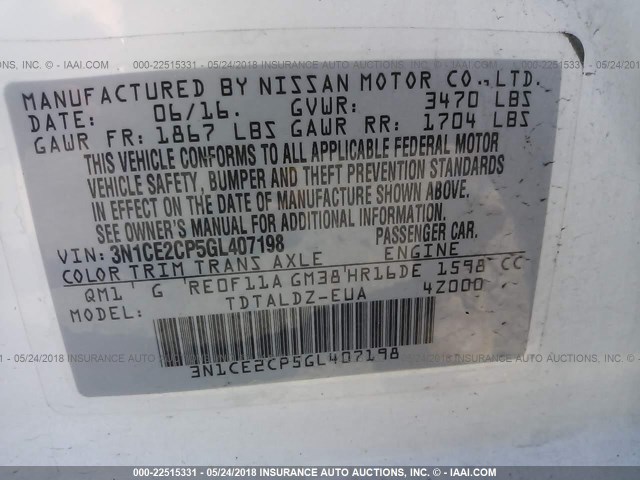 3N1CE2CP5GL407198 - 2016 NISSAN VERSA NOTE S/S PLUS/SV/SL/SR WHITE photo 9