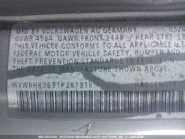 WVWRH63B91P281918 - 2001 VOLKSWAGEN PASSAT GLX 灰色 照片 9