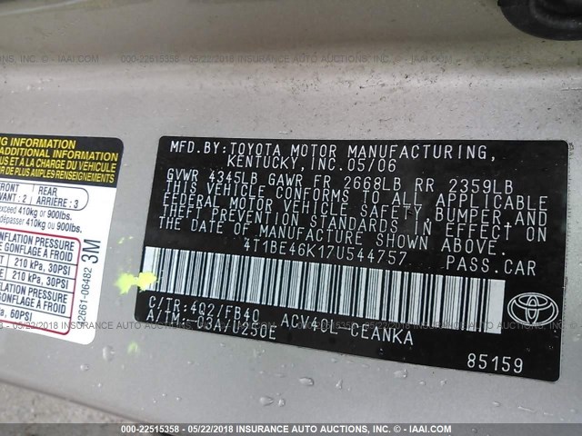 4T1BE46K17U544757 - 2007 TOYOTA CAMRY NEW GENERATION CE/LE/XLE/SE TAN photo 9