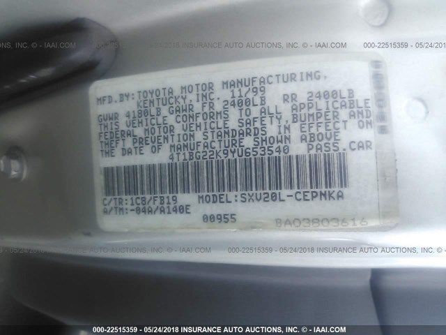 4T1BG22K9YU653540 - 2000 TOYOTA CAMRY CE/LE/XLE SILVER photo 9